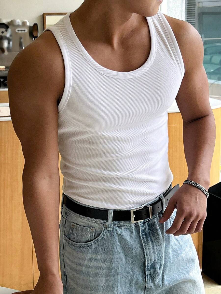 Tank Top Ribbed - Men's Solid Color Ribbed Round Neck