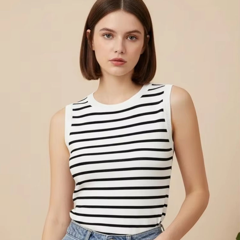 Sleeveless Undershirt - One Size Short Striped Ice Silk