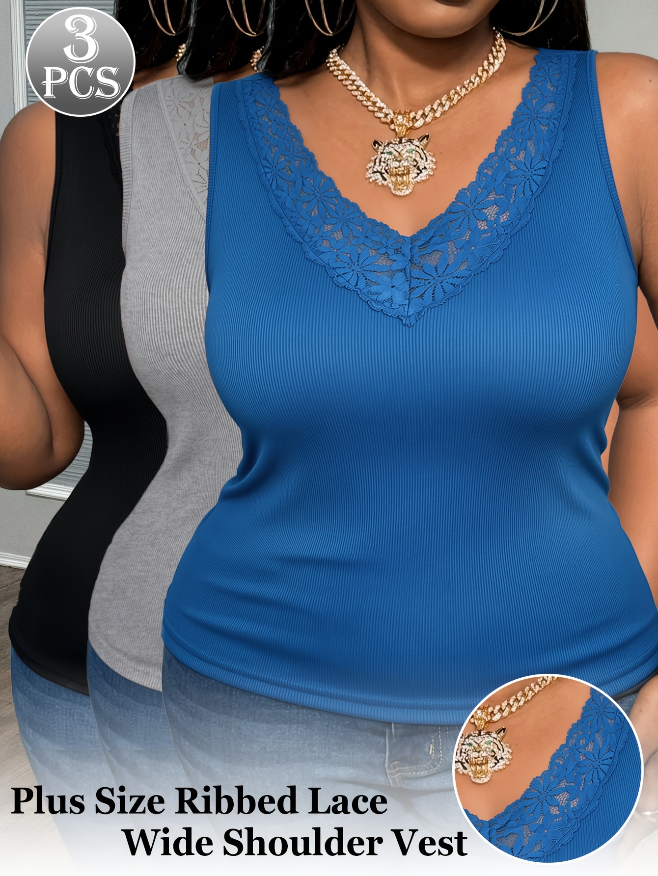 3-Pack Plus Size Lace V-Neck V - Sleeveless Undershirt avis et prix
