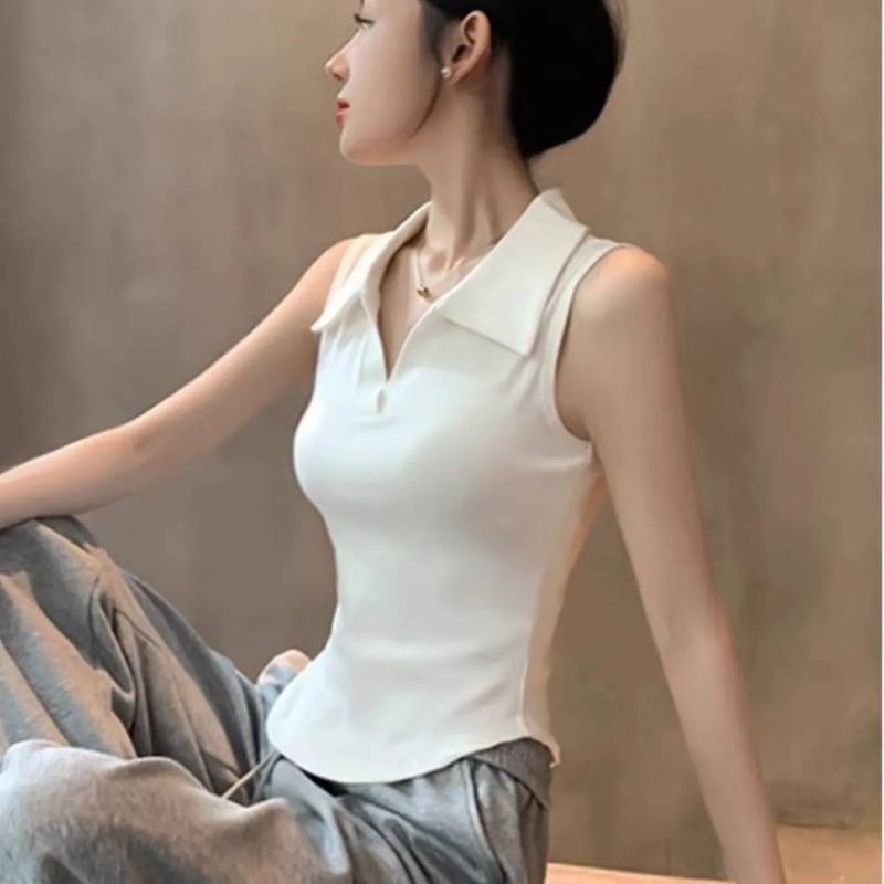 Women's White Sleeveless Polo  - Tank Top Ribbed avis et prix